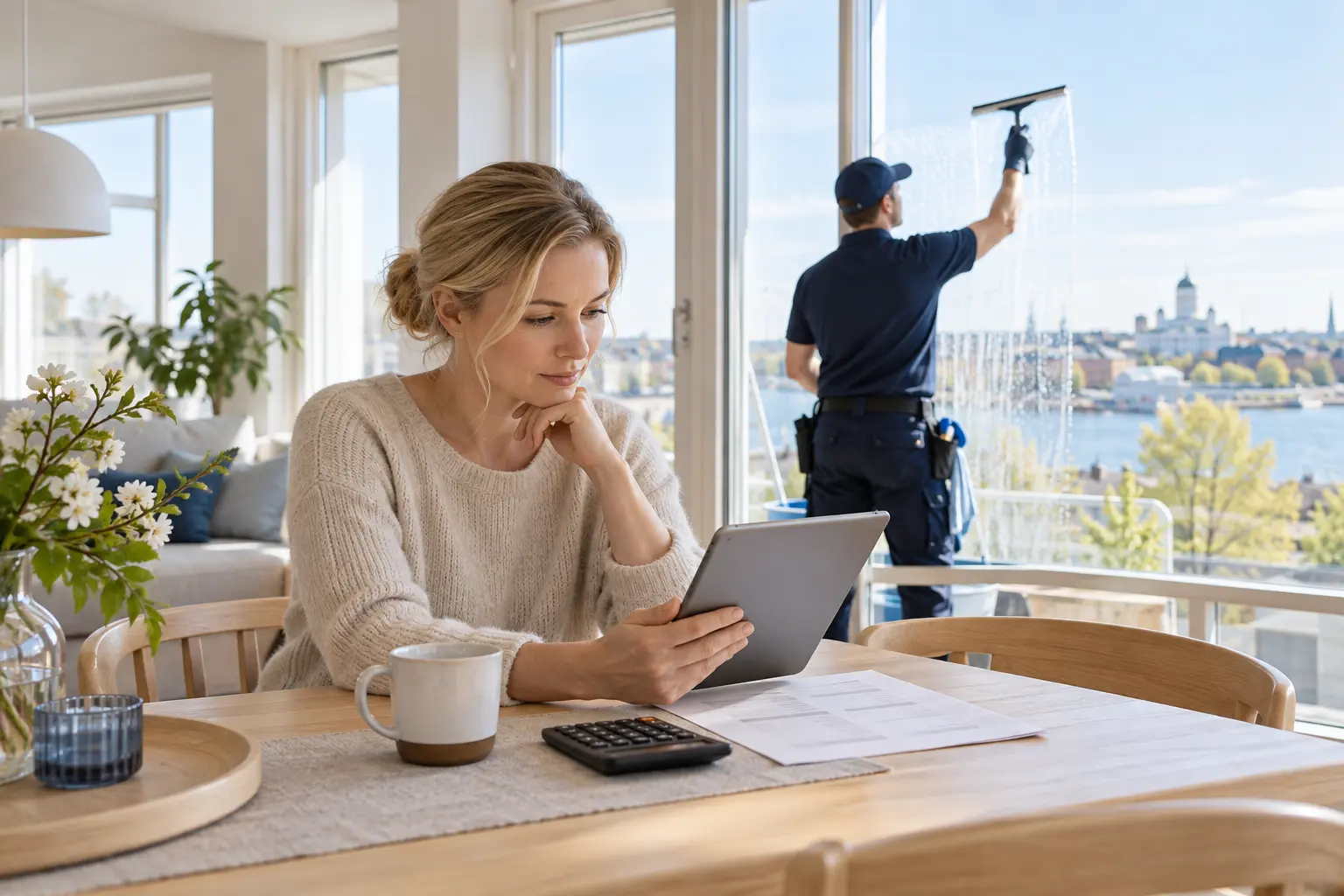 Homeowner reviews a quote while a professional cleans apartment windows in Helsinki